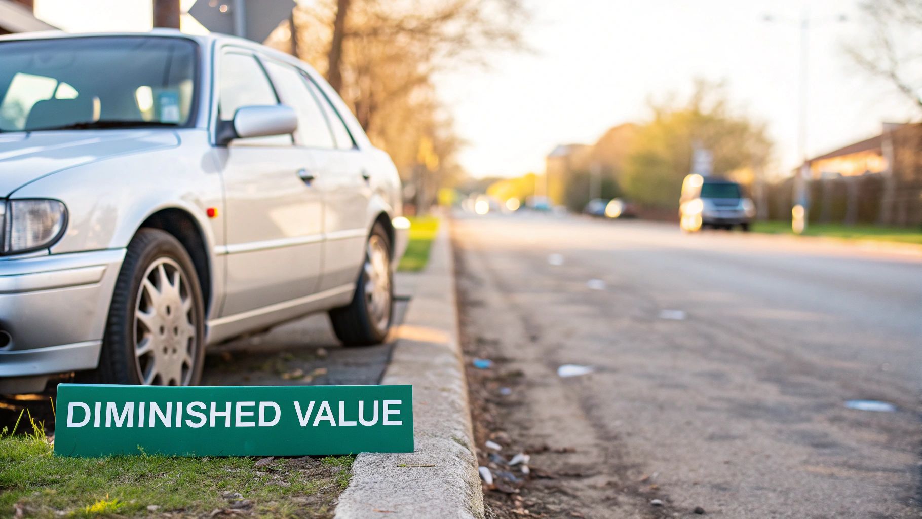 A silver car parked by a curb with a prominent green sign on the grass saying 'DIMINISHED VALUE'.