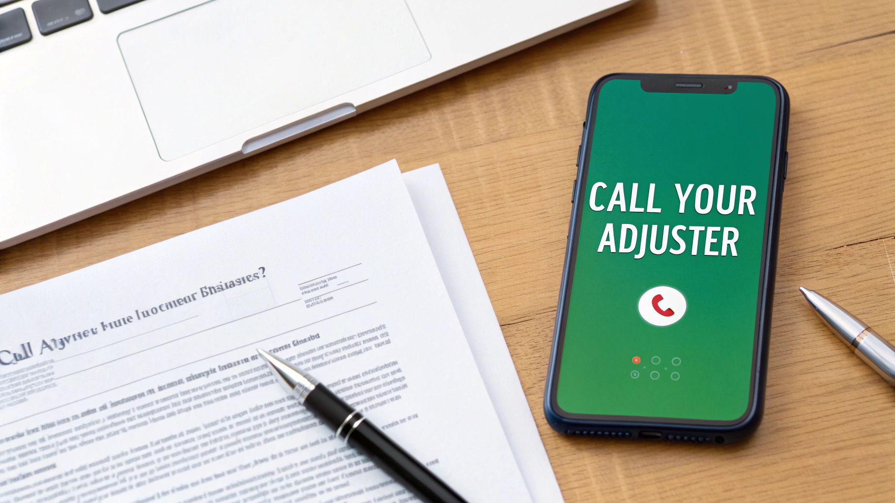 Overhead view of a desk with a laptop, papers, a pen, and a smartphone displaying 'CALL YOUR ADJUSTER'.