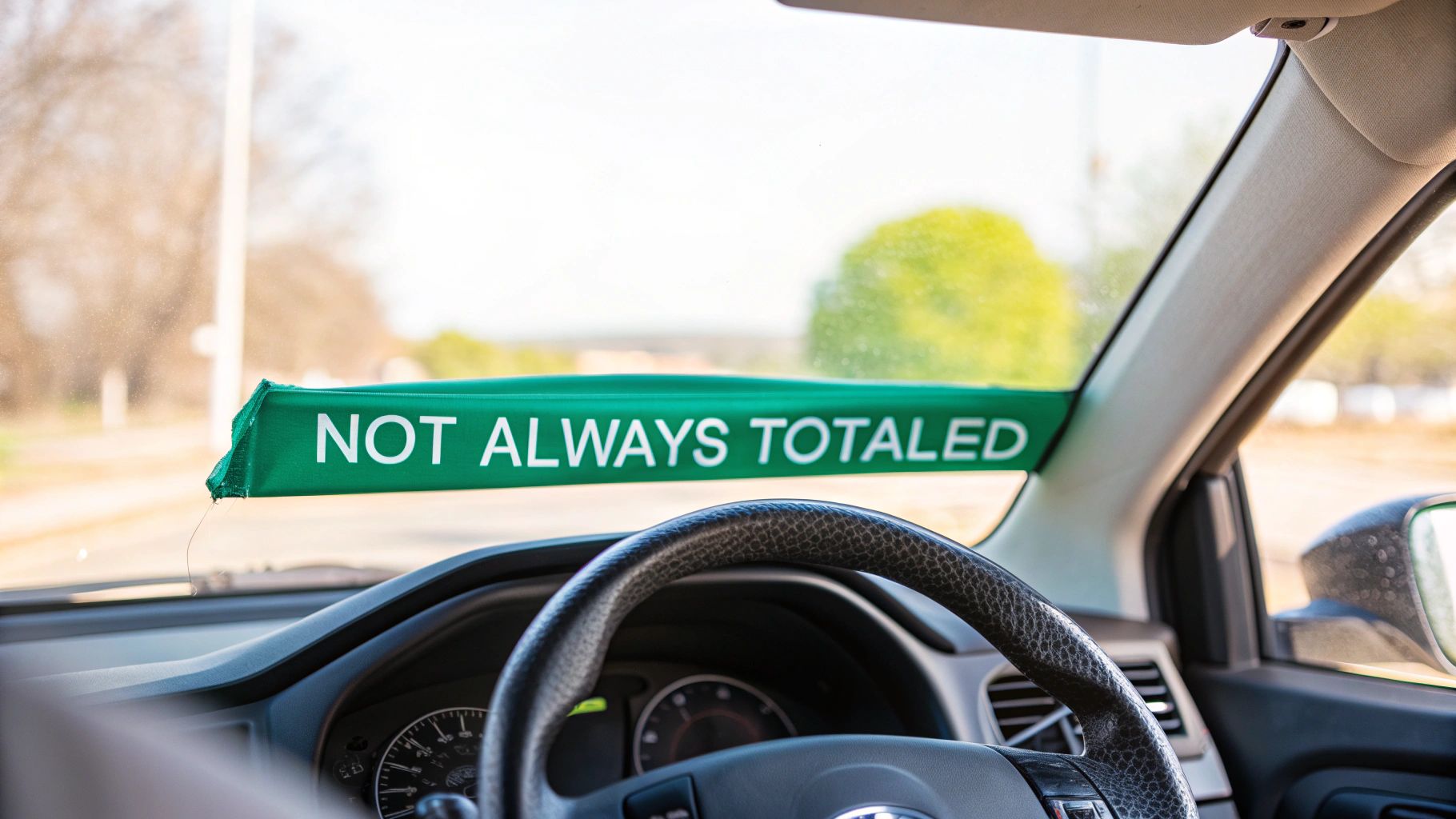 Inside a car, a green banner on the windshield reads 'NOT ALWAYS TOTALED' above the steering wheel.
