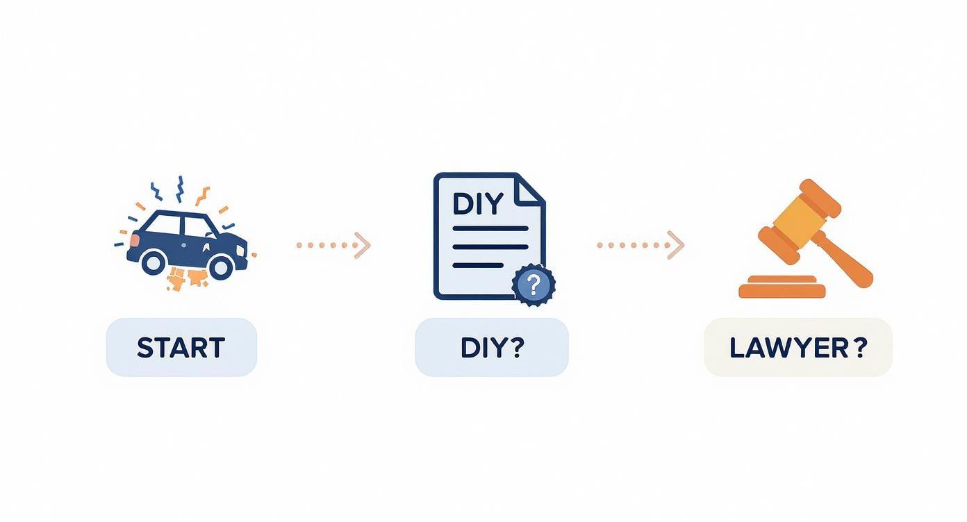 Infographic decision tree on when to hire a diminished value claim lawyer, showing a path from a car crash to either a DIY claim or hiring a lawyer.