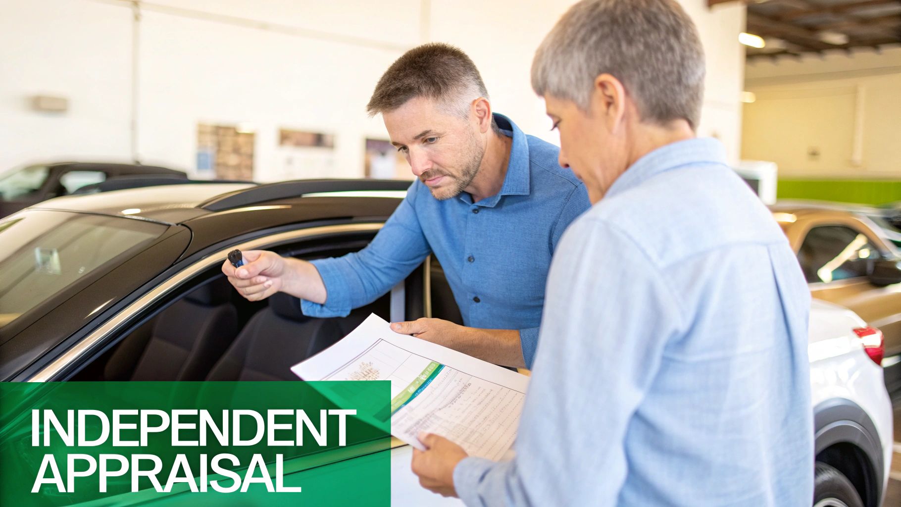 Two men discussing car appraisal, one holding a car key and the other reviewing documents.