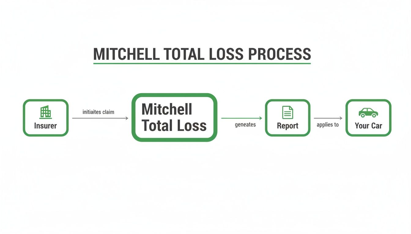 Flowchart illustrating the Mitchell Total Loss process, from insurer claim to car report.