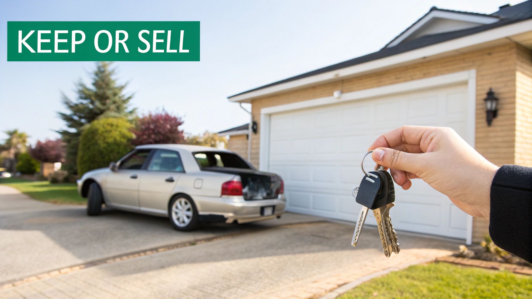 Hand holds car keys in driveway of house with car and open trunk, banner 'KEEP OR SELL'.
