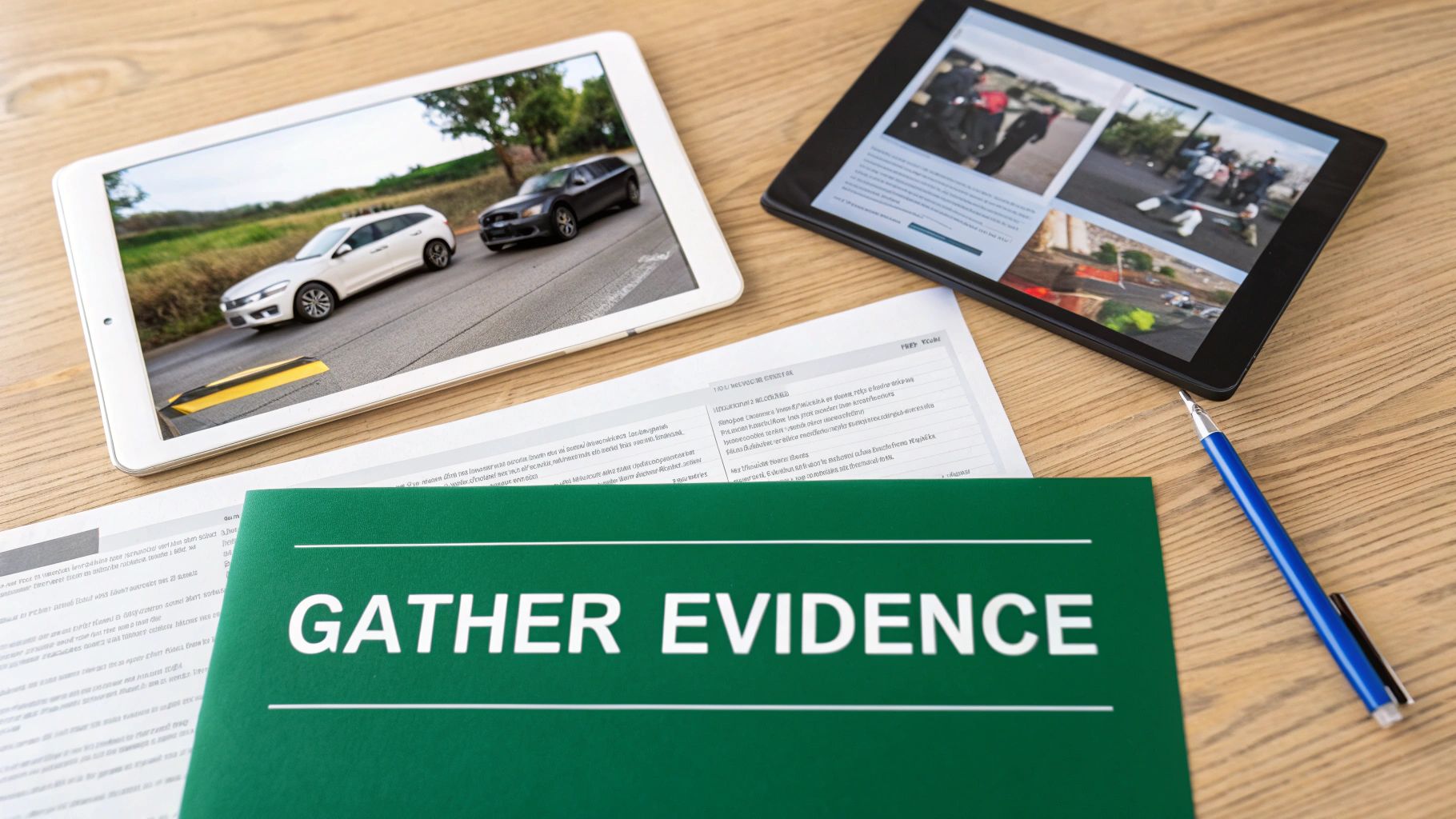 Evidence gathering scene with tablets displaying car accident photos and documents on a wooden desk.