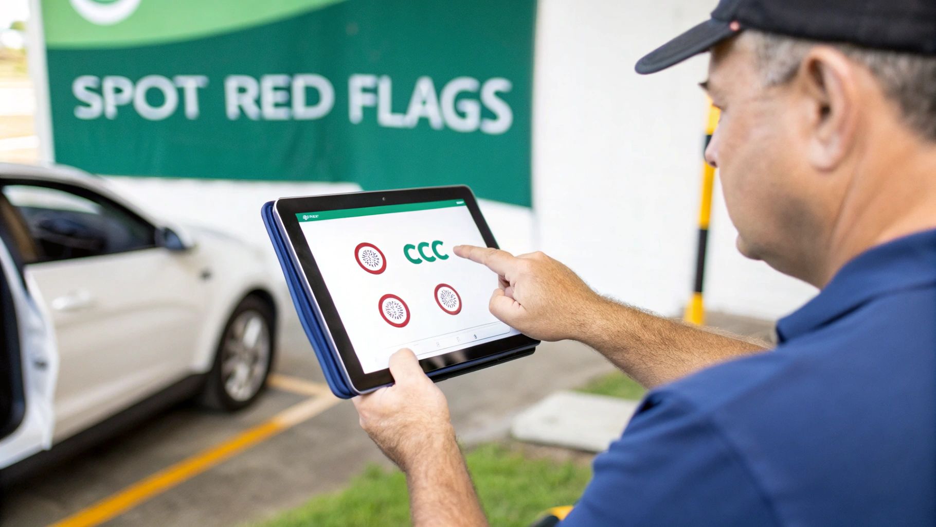 A man uses a tablet displaying "CCC" and red flag icons, with a white car and "SPOT RED FLAGS" banner in the background.