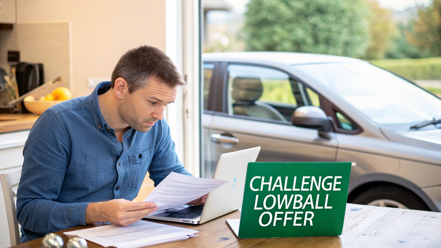 A man reviews documents and a laptop, with a screen displaying 'Challenge Lowball Offer' and a car outside.