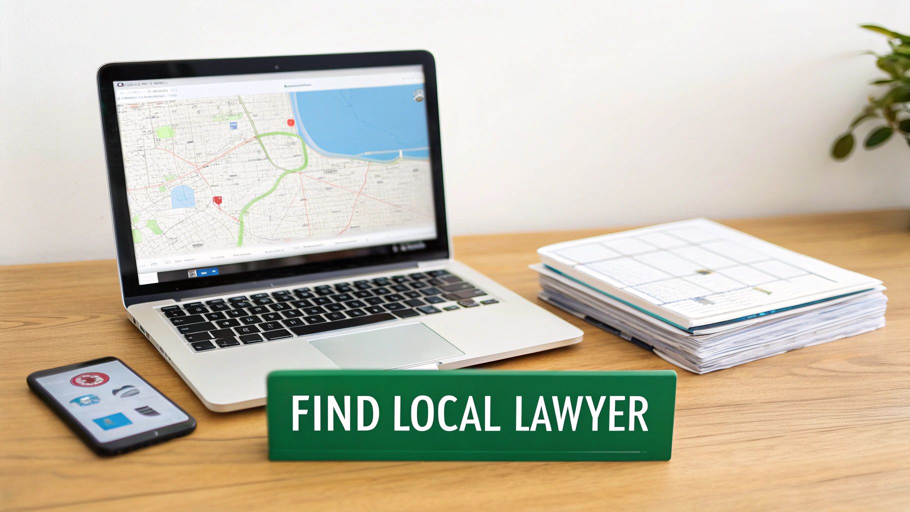 A desk setup with a laptop showing a map, a smartphone, documents, and a "Find Local Lawyer" sign.