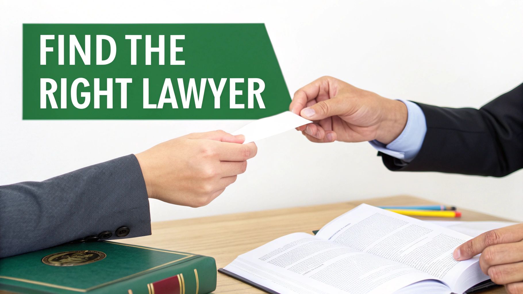 Two professionals exchange a business card on a desk with books, under a banner reading 'FIND THE RIGHT LAWYER'.