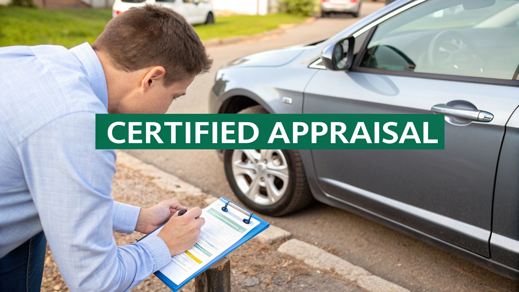A man performing a certified appraisal on a silver car, writing details on a clipboard.