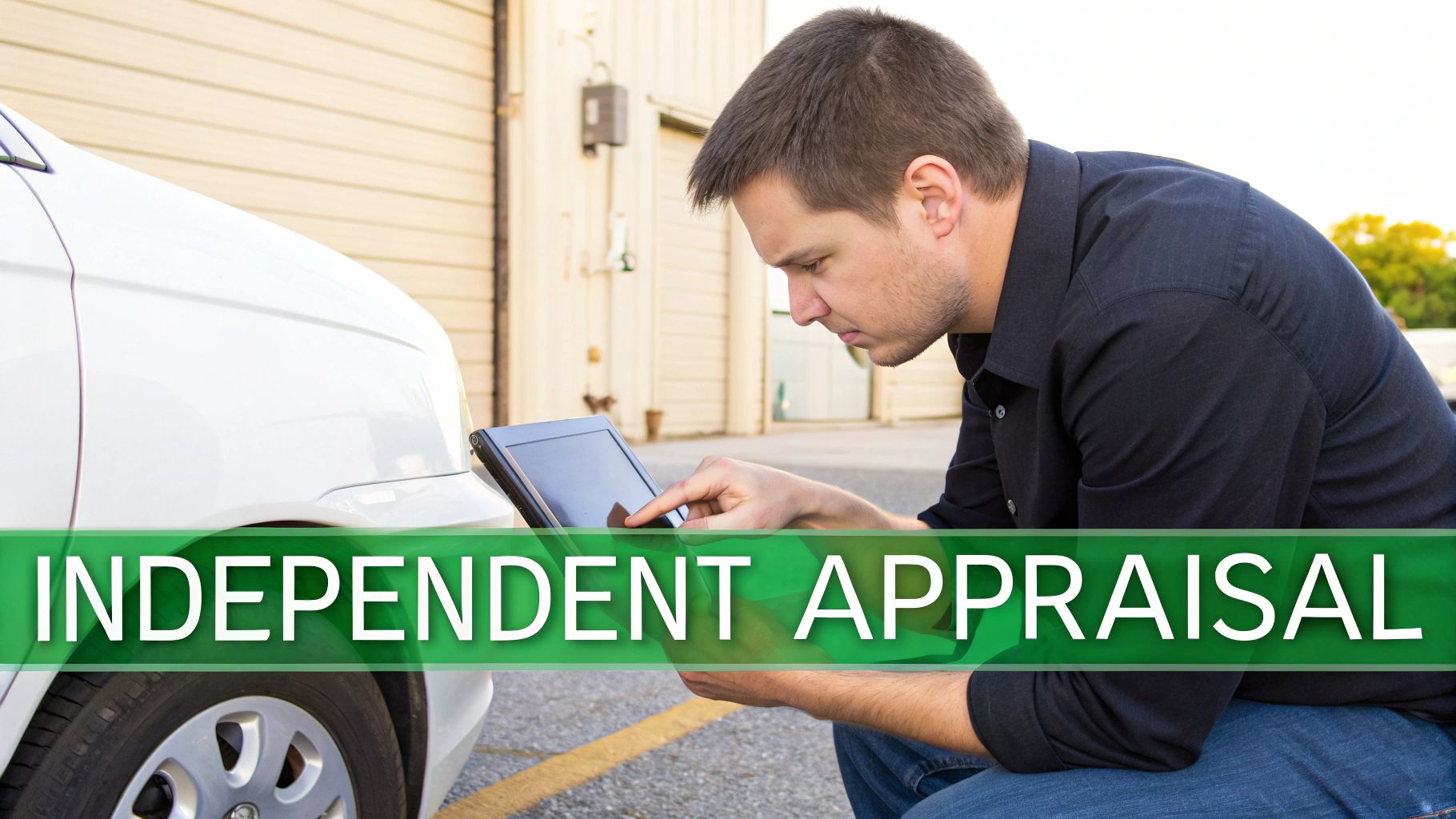 A certified appraiser inspecting a vehicle's finish for imperfections.
