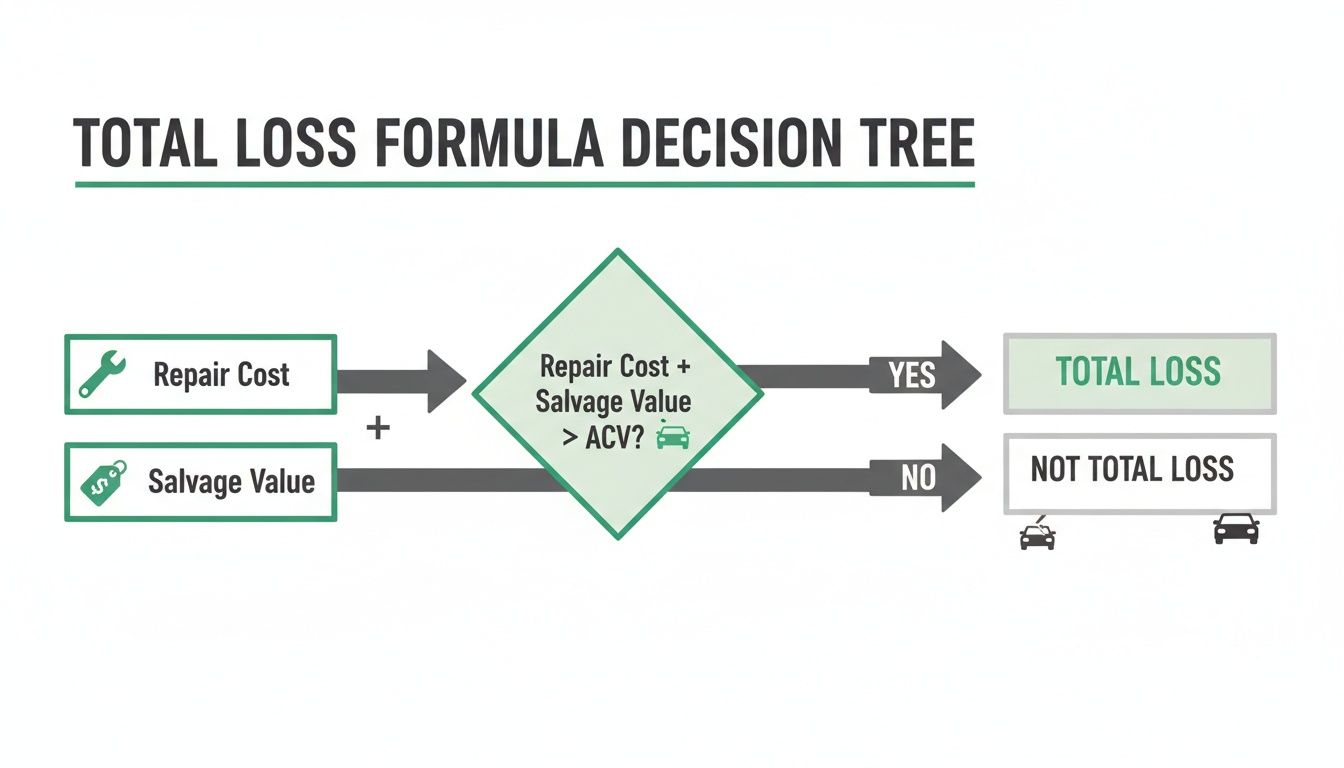 Decision tree illustrating the total loss formula: Repair Cost plus Salvage Value compared to ACV for a vehicle.