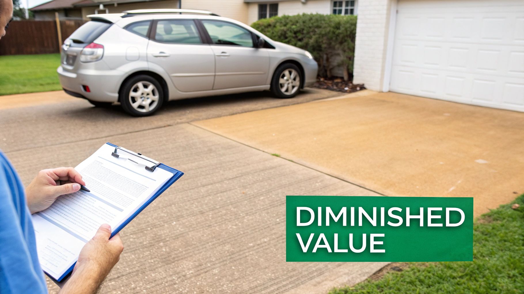 A person inspecting their car for damage after an accident, with an Allstate sign in the background.