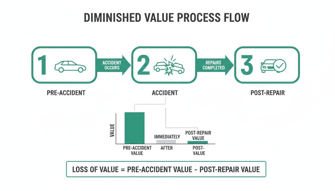 Infographic illustrating the diminished value process flow of a car, comparing pre-accident and post-repair values.
