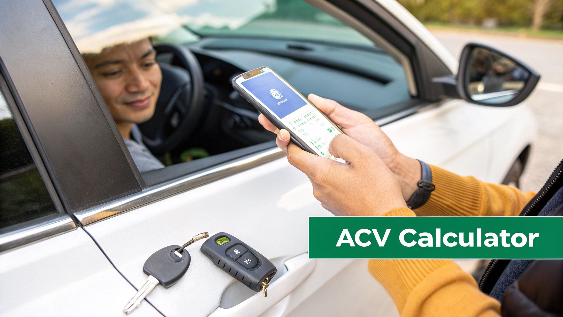 A person uses a smartphone app to calculate ACV while standing next to a car with keys.