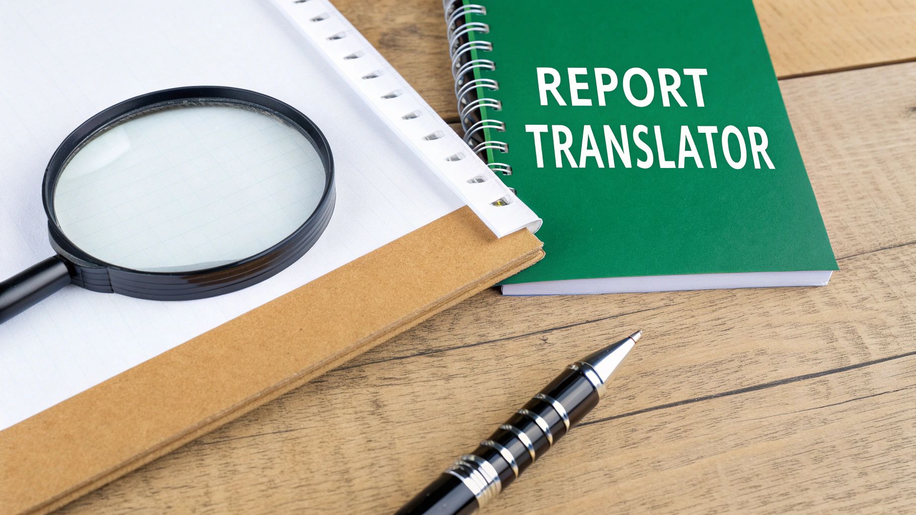 Desk setup with a 'REPORT TRANSLATOR' notebook, magnifying glass, and a pen on a wooden surface.