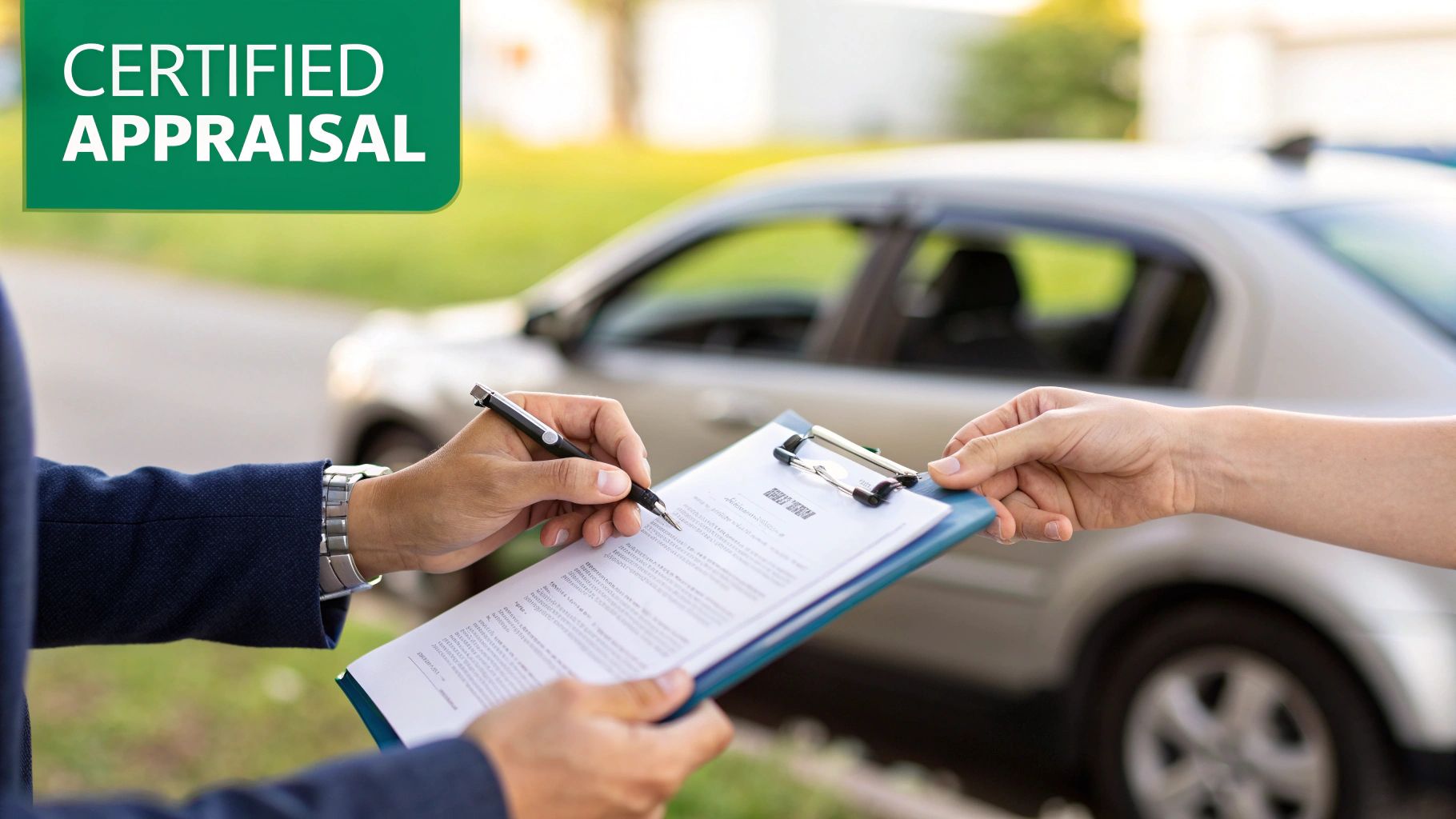 A certified appraiser inspecting a vehicle and creating a report.