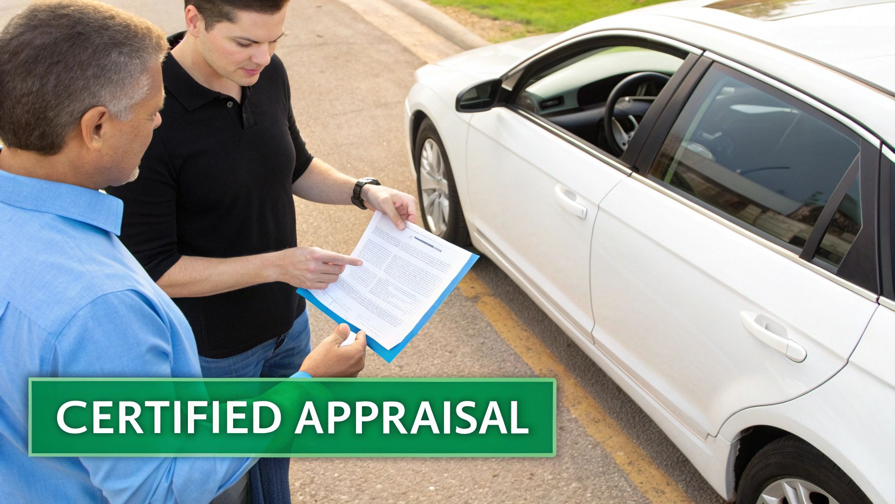 Two men discuss a document next to a white car for a certified appraisal.