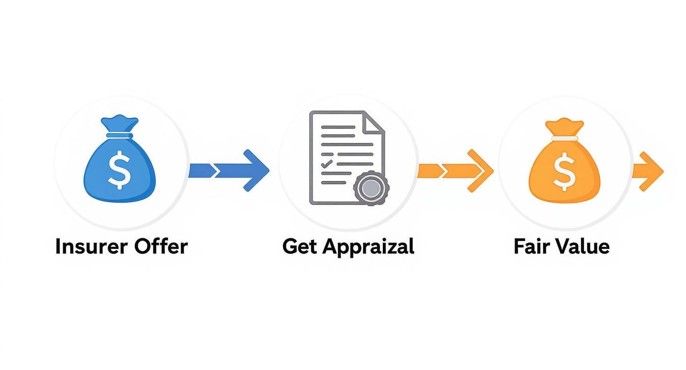 A flowchart showing an insurer's initial offer, followed by getting an appraisal to determine the fair value.