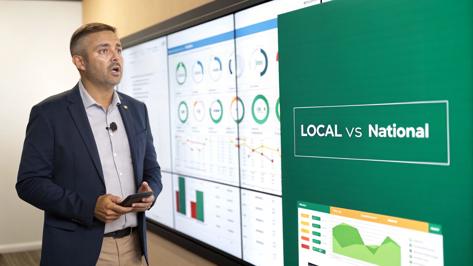 An image showing a local appraiser with a clipboard next to a car, contrasted with a digital interface showing market data graphs.