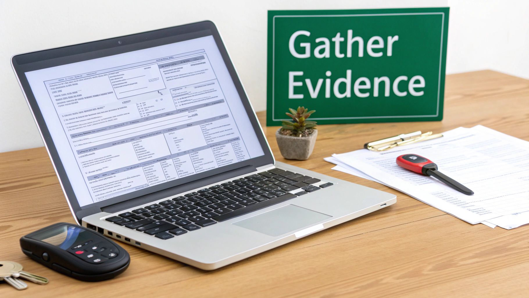 A laptop displays evidence documents on a wooden desk next to a 'Gather Evidence' sign, a car key, and papers.