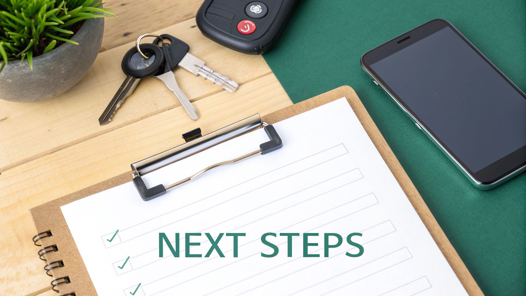 A clipboard with a 'NEXT STEPS' checklist, car keys, a plant, and a phone on a desk.