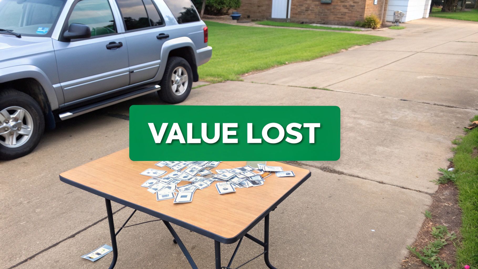 A green 'VALUE LOST' banner overlays a grey SUV and a table covered with fake money, illustrating financial depreciation.