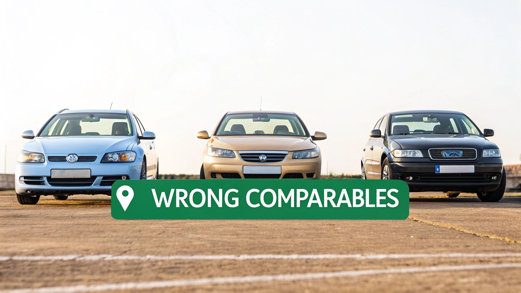 Three distinct cars (light blue, gold, dark grey) parked with a green 'WRONG COMPARABLES' banner.