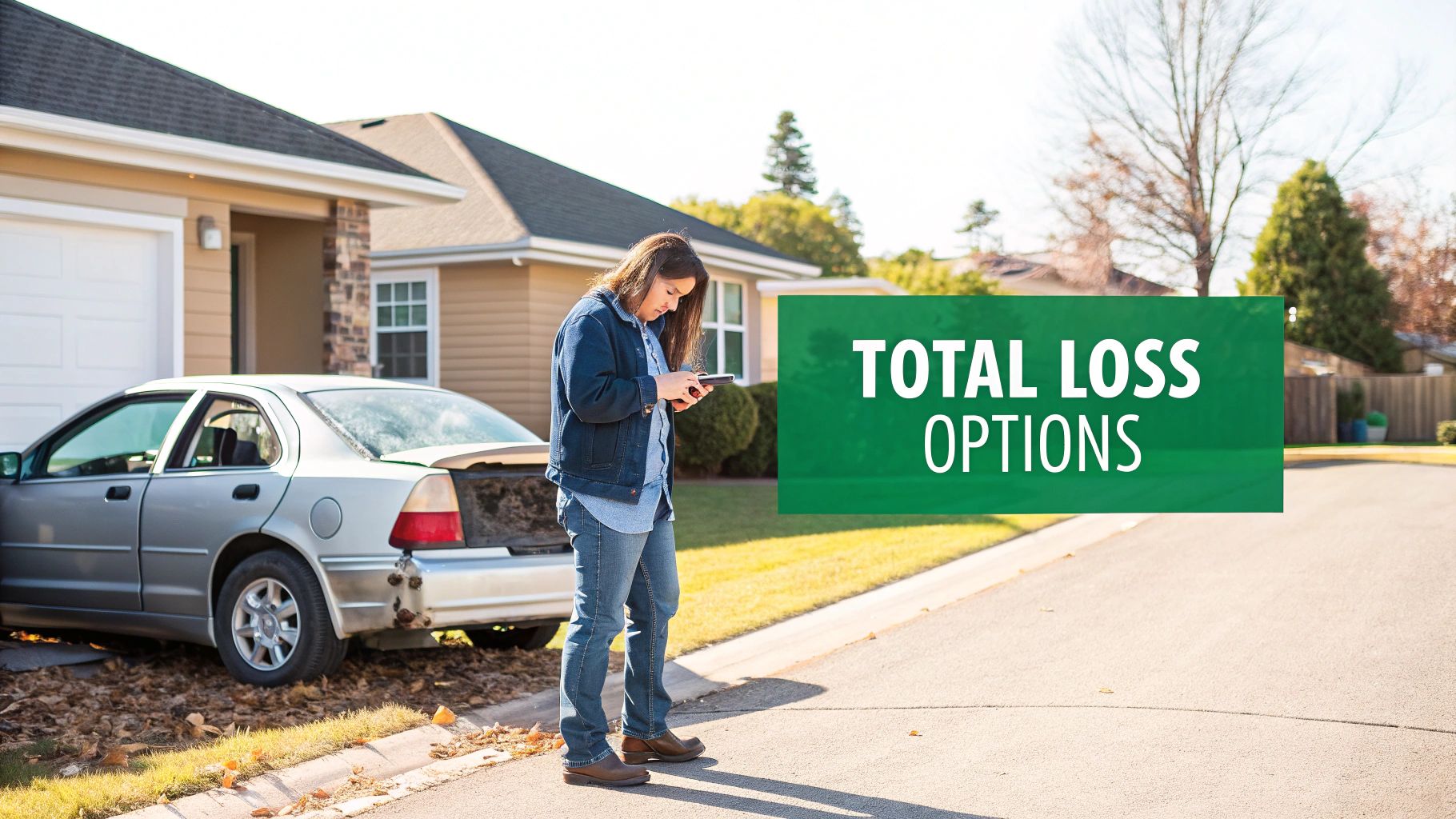 Woman on phone next to a damaged car with 'TOTAL LOSS OPTIONS' overlay, considering choices.
