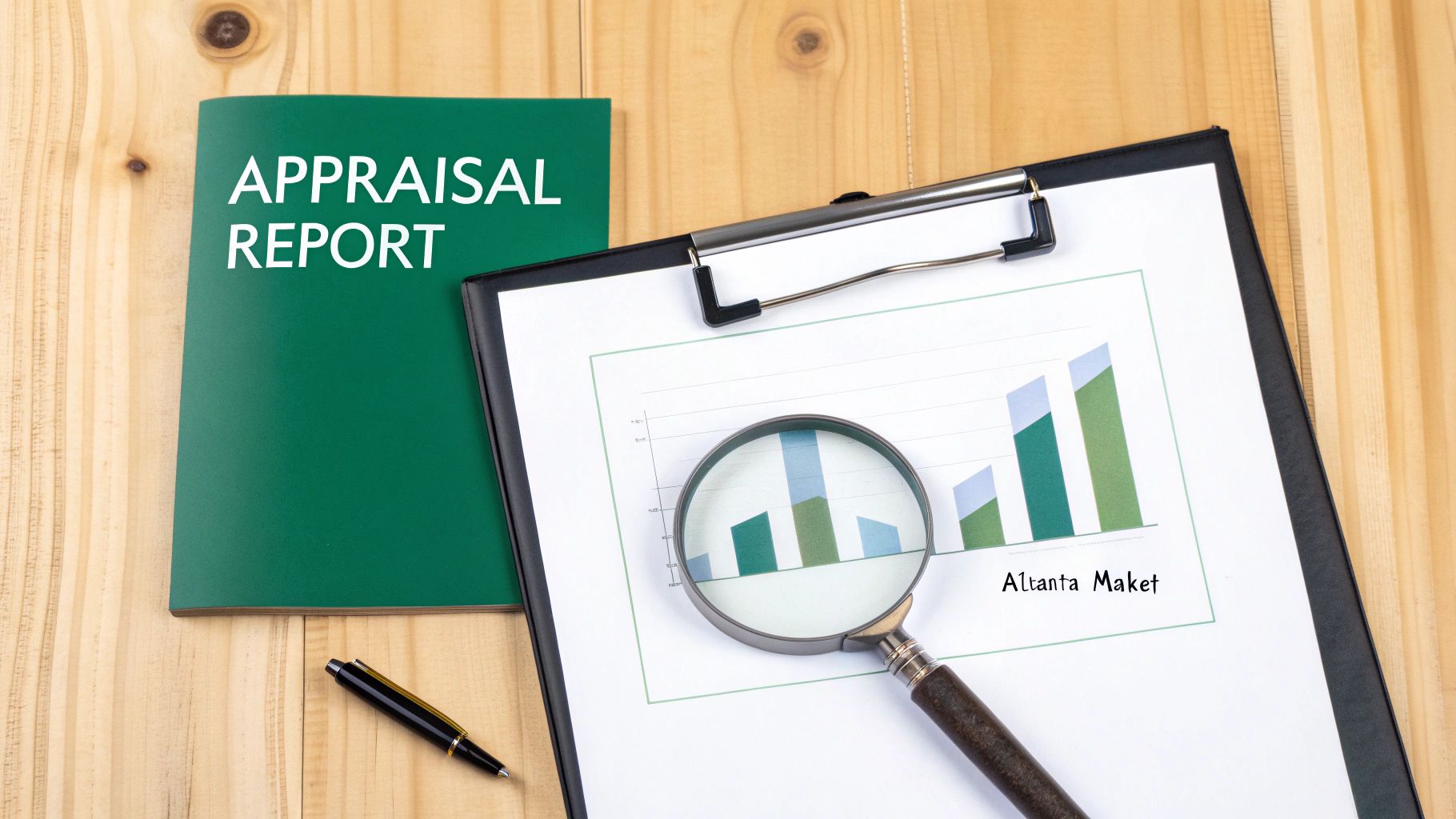A detailed appraisal report with charts and data is being reviewed on a tablet, with a car visible in the background.