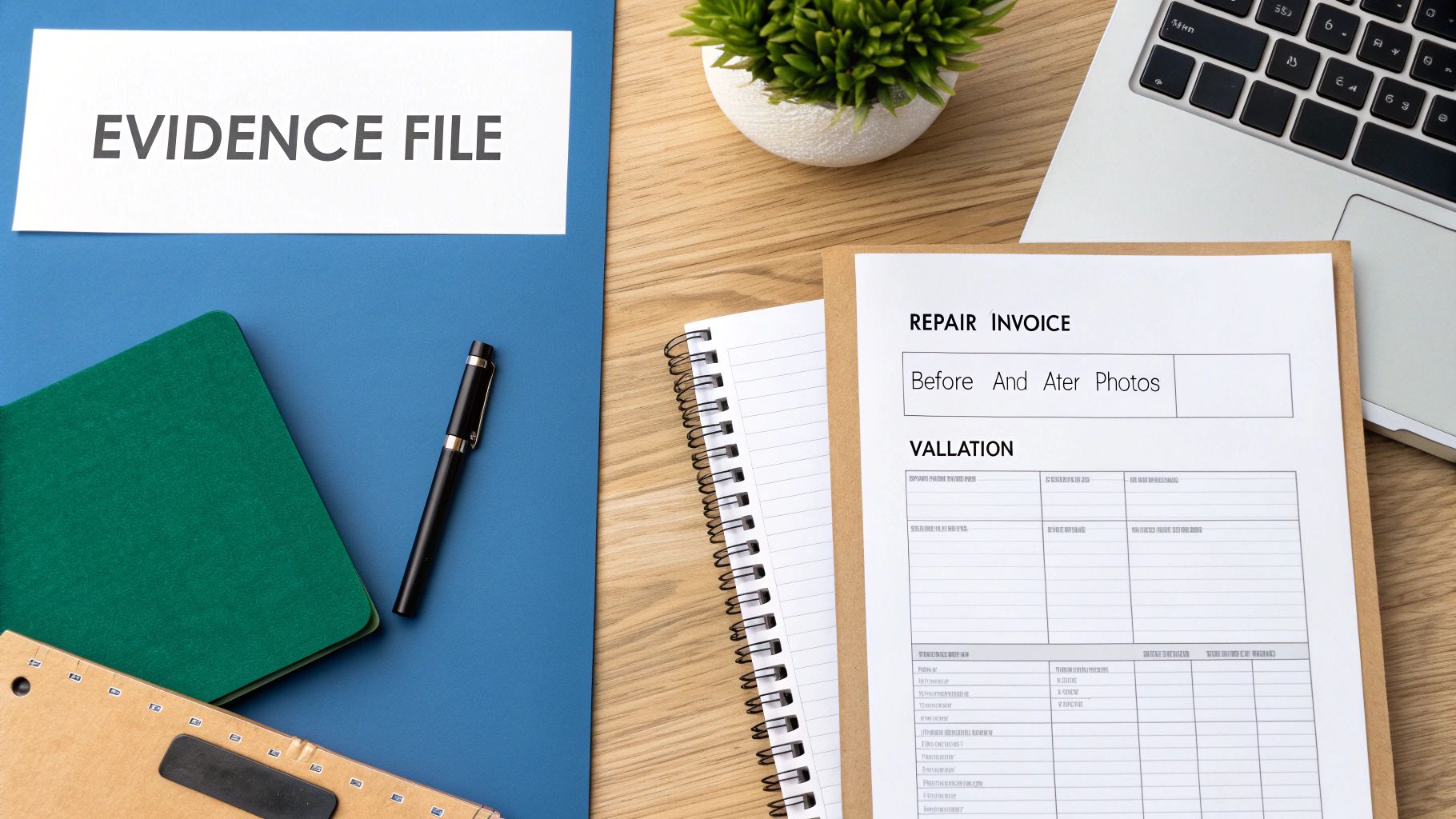 A person organizing documents like repair invoices and photos on a desk.