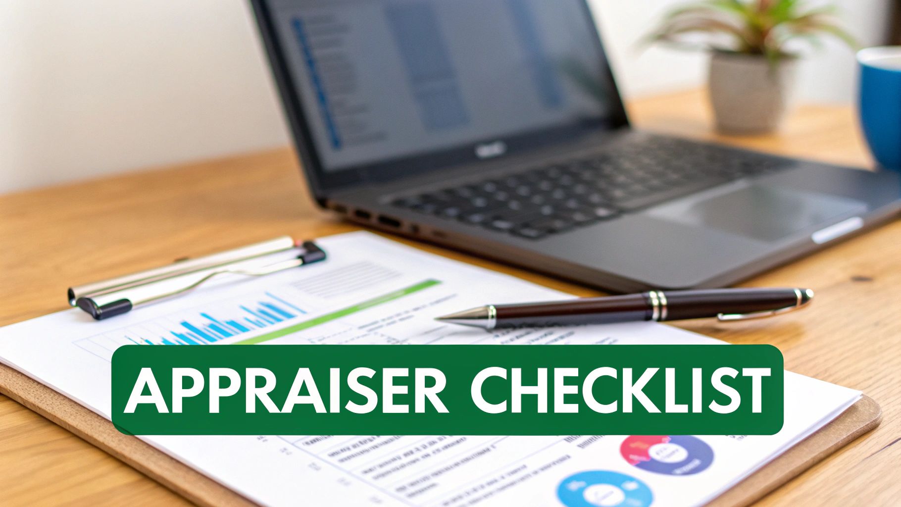 An appraiser's workspace showing a laptop, clipboard with charts, pen, and a prominent 'Appraiser Checklist' banner.