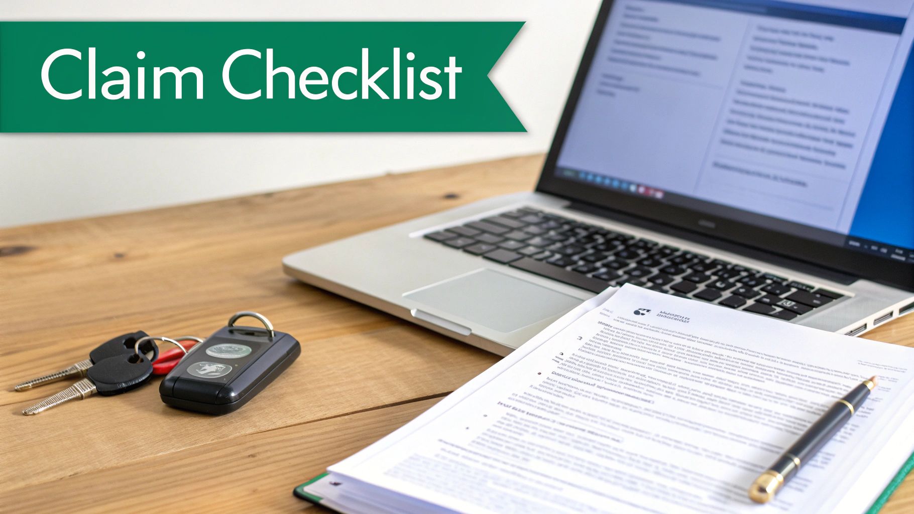 A green banner with 'Claim Checklist' text over a laptop, car keys, documents, and a pen on a wooden desk.