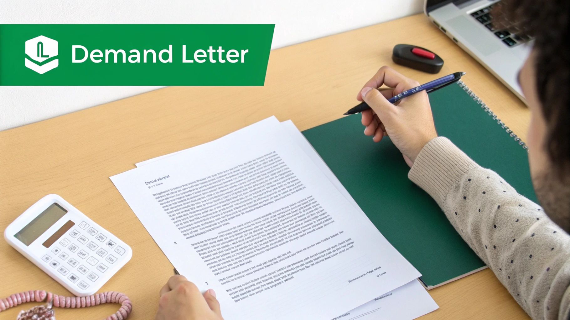 A person writing a demand letter with a pen, papers, calculator, and laptop on a desk.