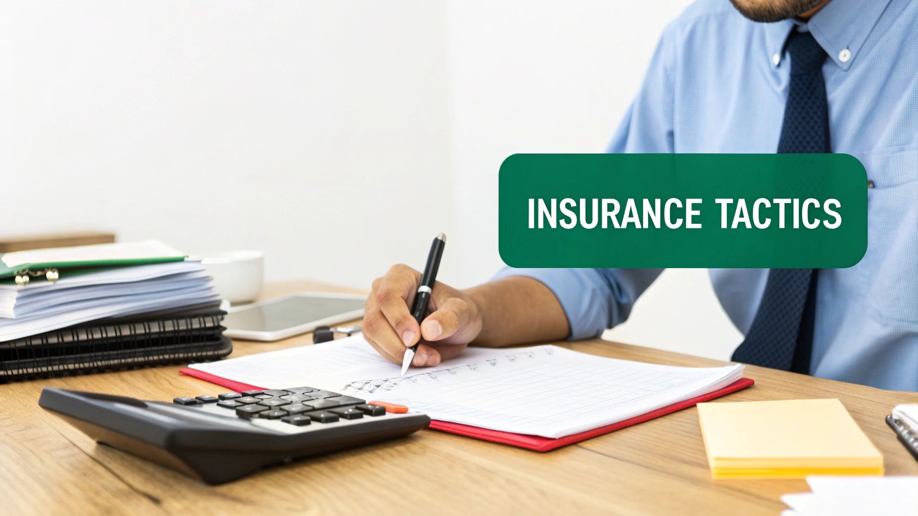 An insurance adjuster reviewing documents at a desk, looking thoughtful.