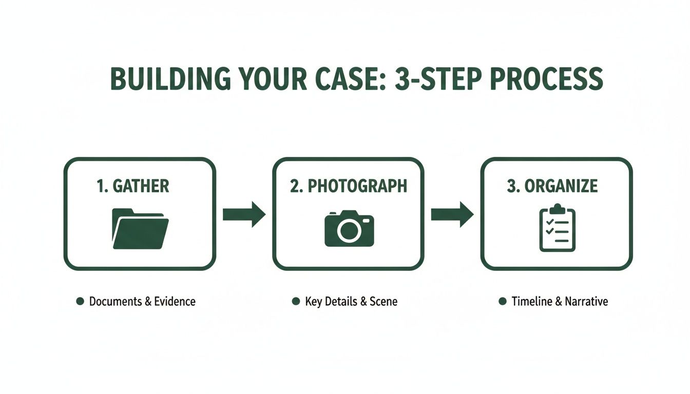 A 3-step process flowchart to build a case: Gather documents, Photograph details, and Organize the narrative.