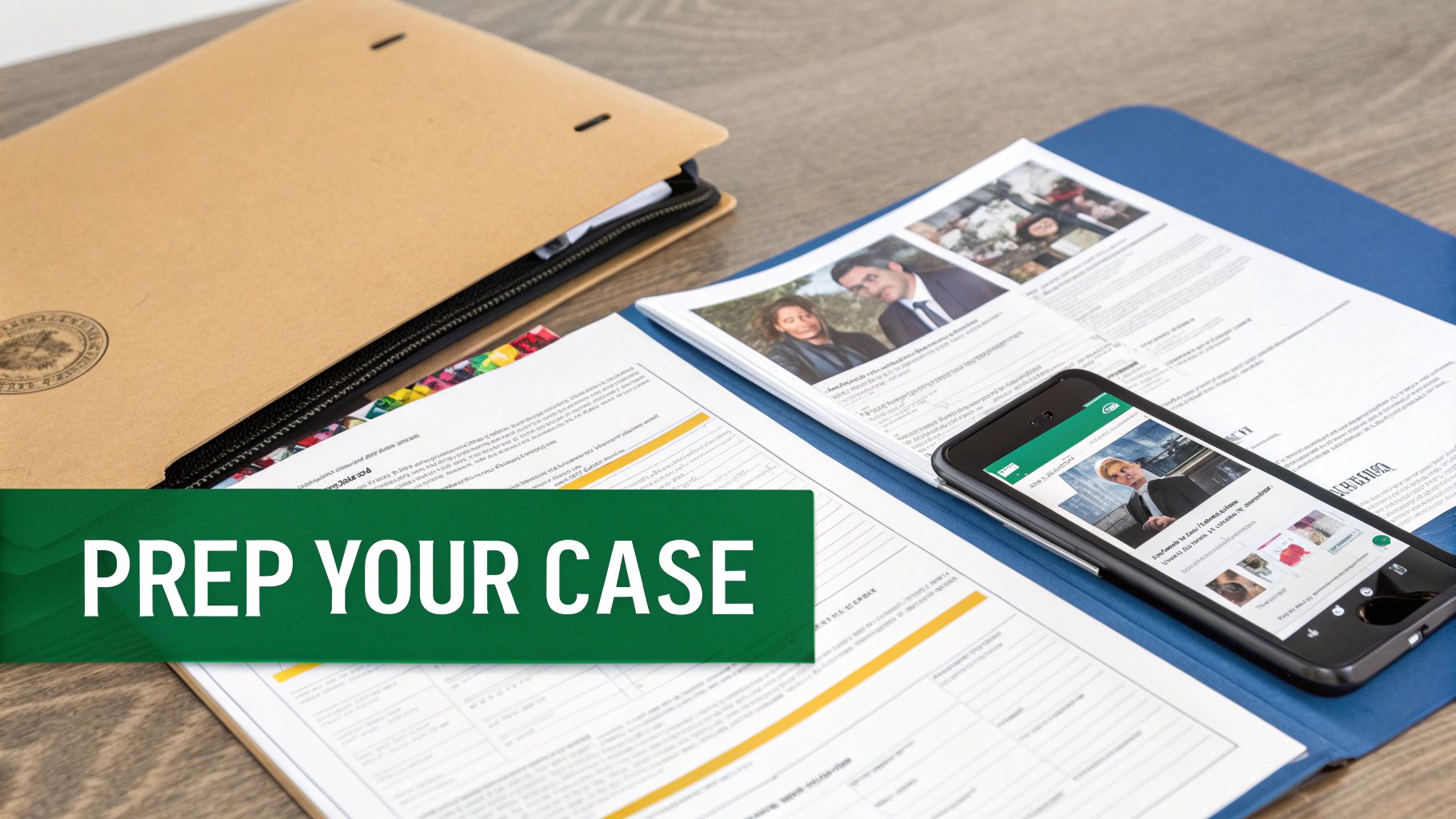 A person organizing documents like repair invoices and photos on a desk, preparing for an appraisal.