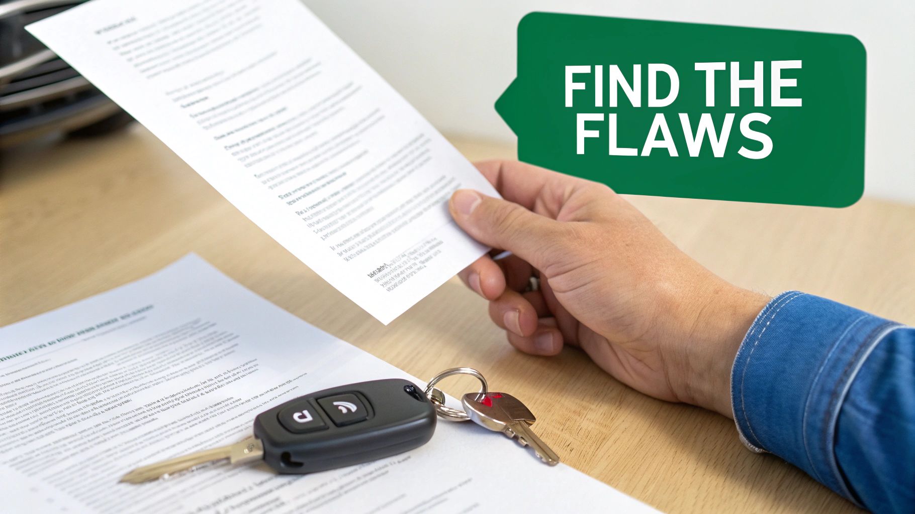 A person holds a document, car keys lay on another, with “FIND THE FLAWS” text.