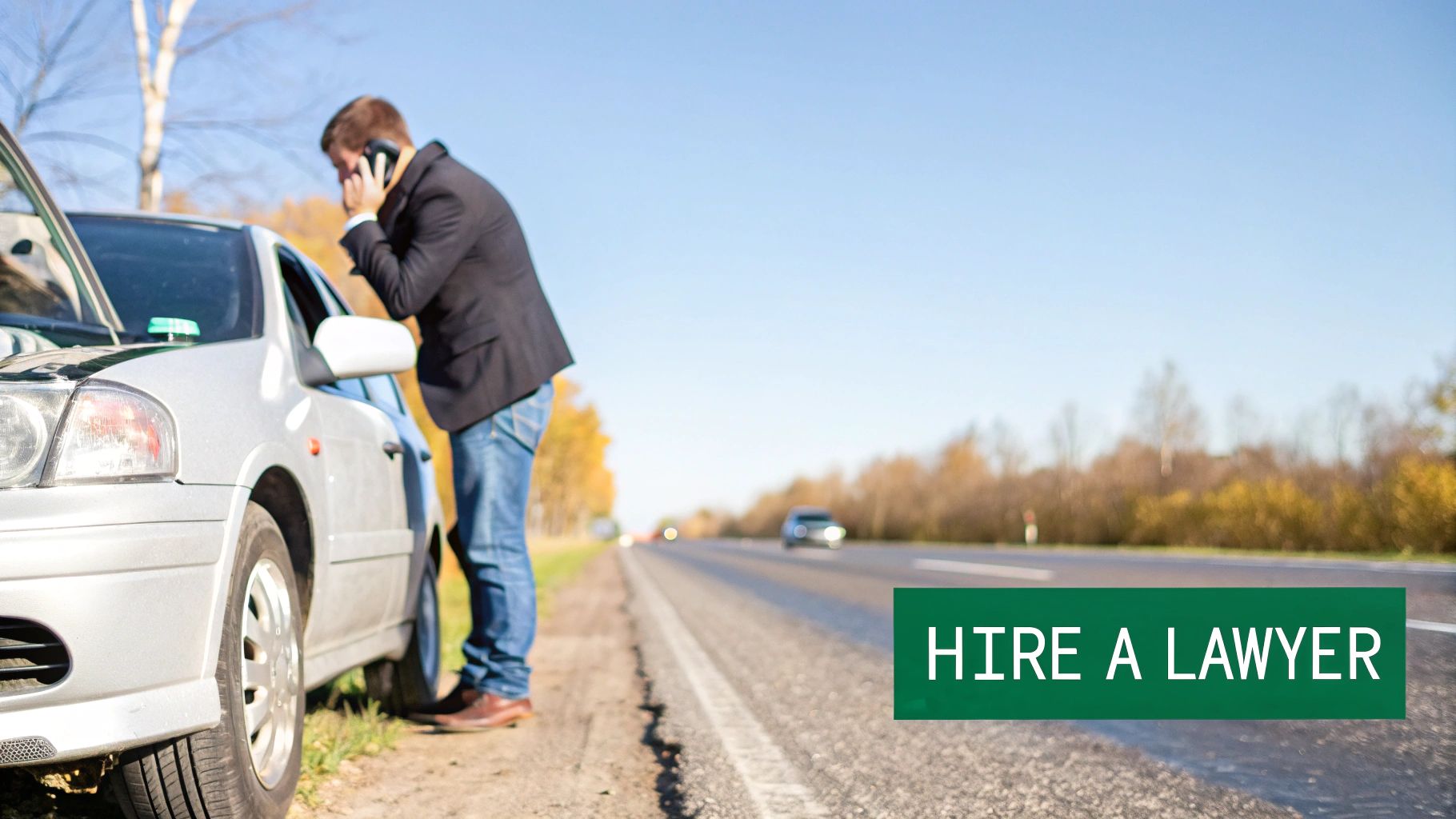 A man on the phone next to his broken-down car on the roadside, with an open hood.