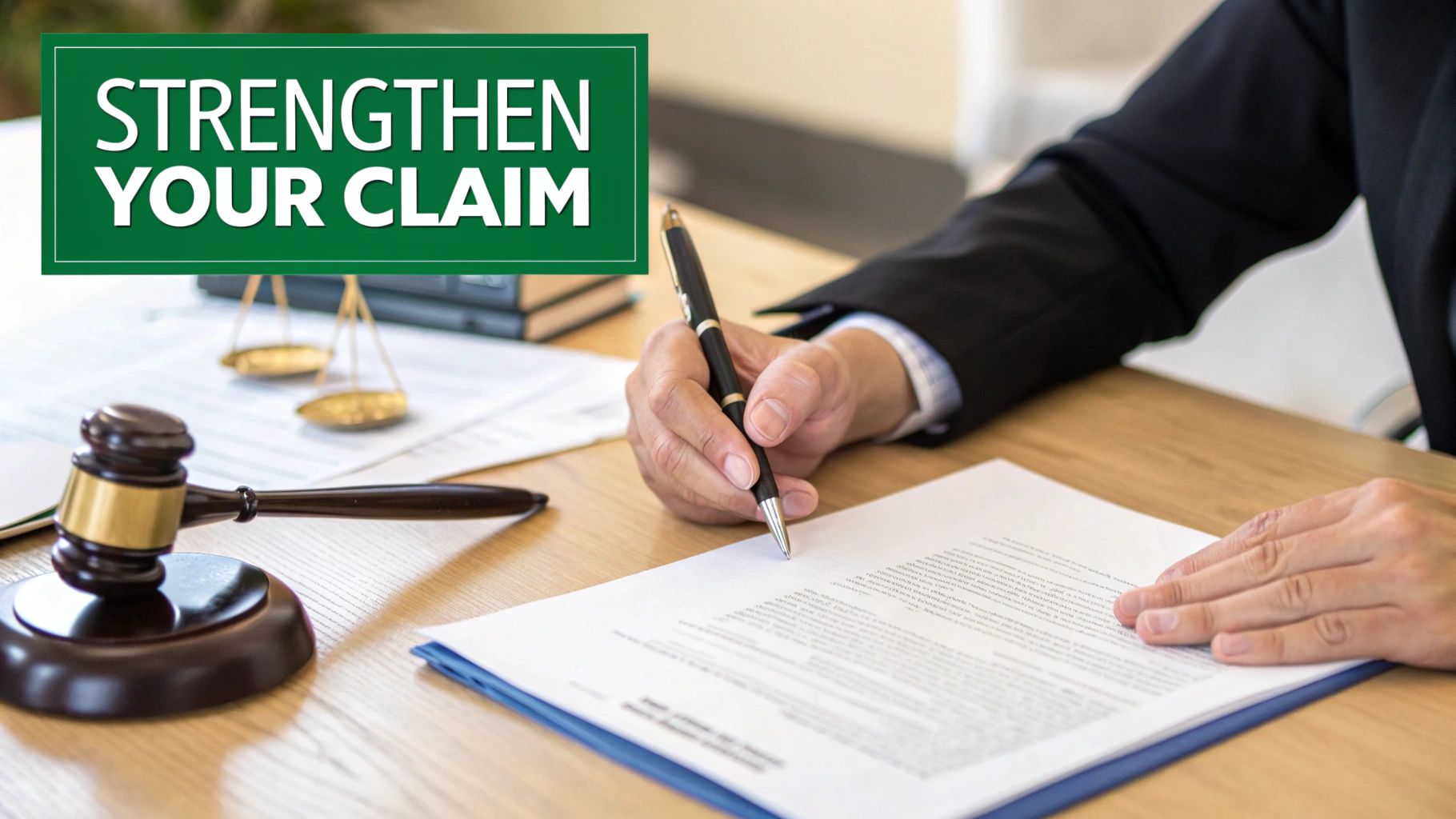 Lawyer presenting a strong case with supporting documents to an insurance adjuster.