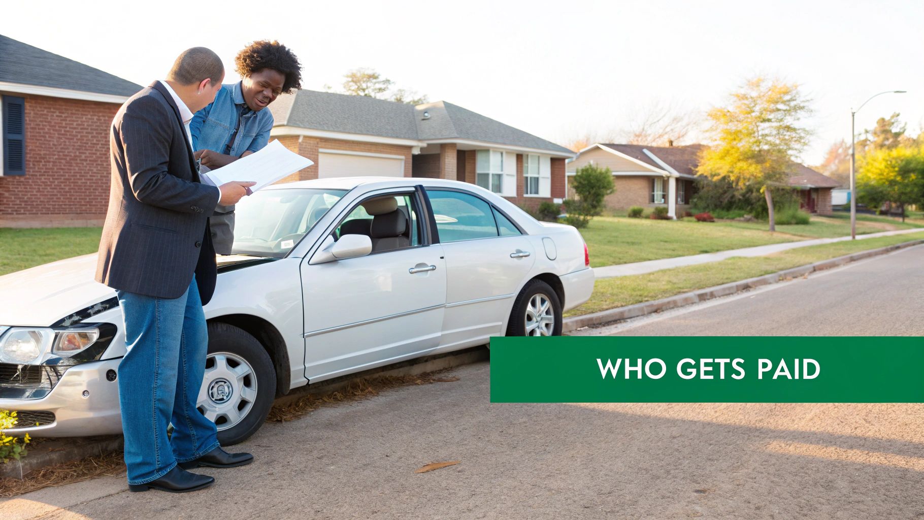 Two men discuss paperwork next to a damaged white car on a residential street.