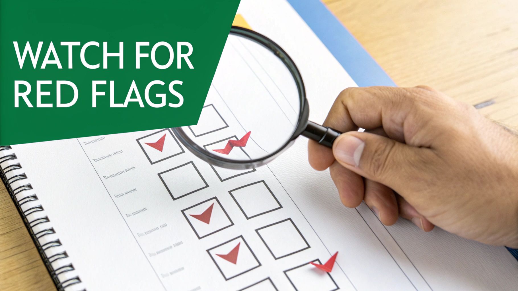 A hand holds a magnifying glass over a checklist with red checkmarks and 'Watch for Red Flags' text.