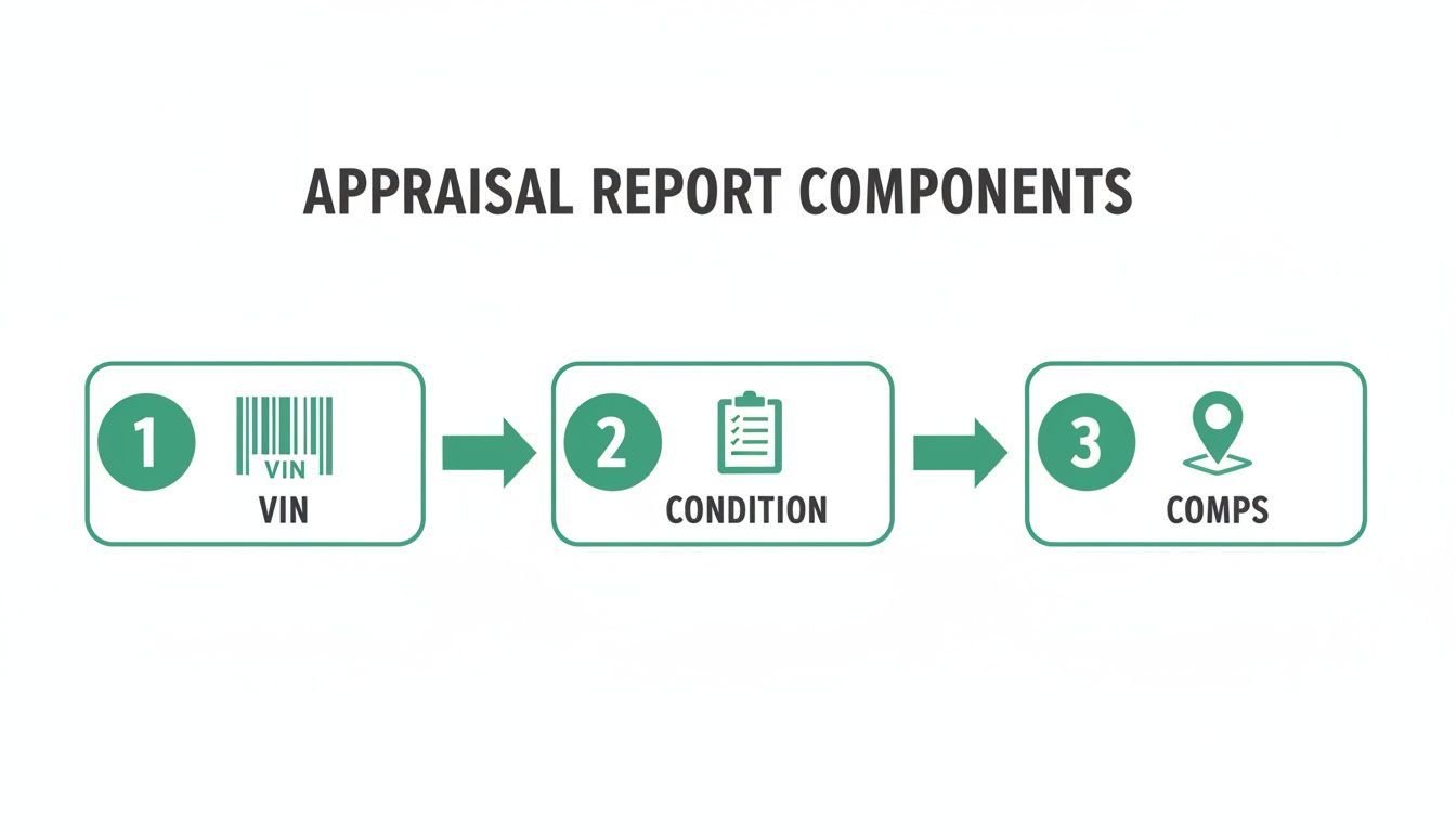 A flowchart illustrates the three essential components of an appraisal report: VIN, condition, and comparable sales.