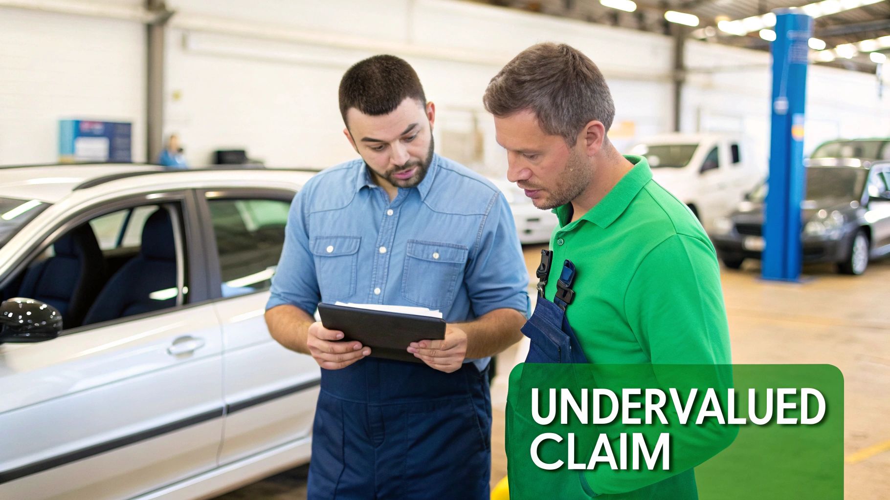 Two mechanics in a garage looking at a tablet, discussing an undervalued car insurance claim.