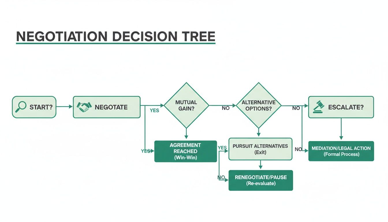 Negotiation decision tree flowchart illustrating dispute resolution steps from start to legal action.