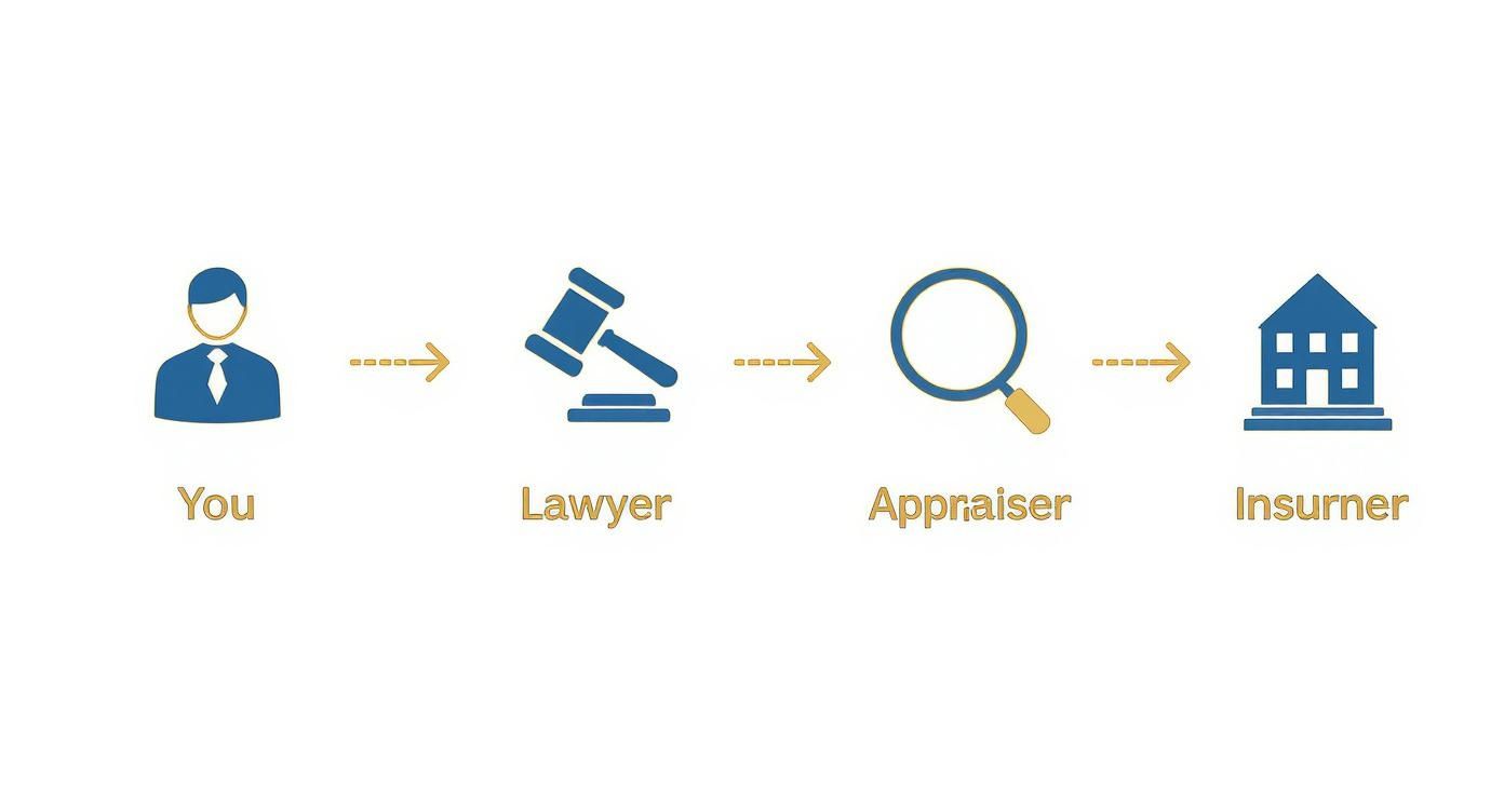 Flowchart showing steps involving you, a lawyer, appraiser, and insurer in a claim process.