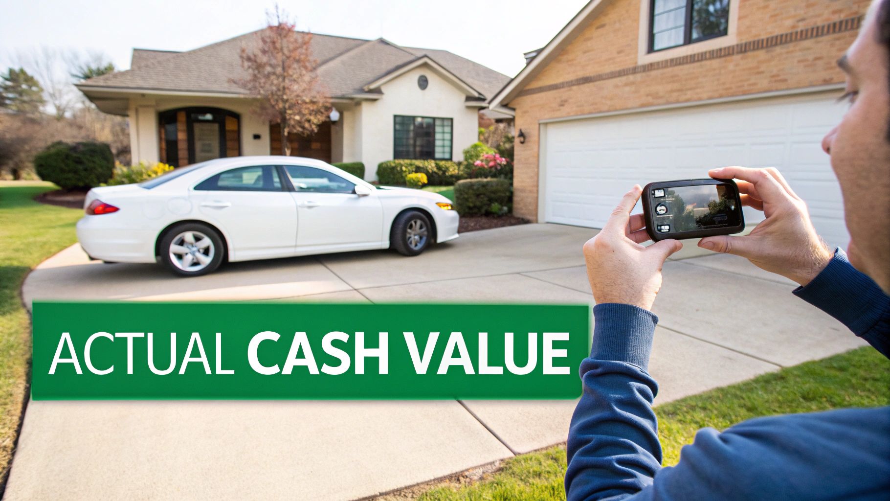 A person photographs a white car in a driveway, with a green 'ACTUAL CASH VALUE' banner.