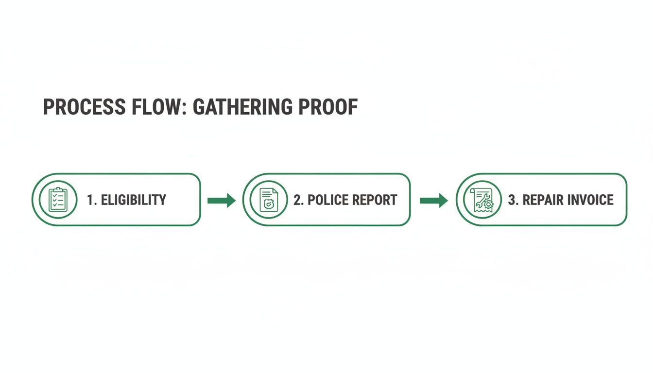 A process flow diagram showing three steps for gathering proof: eligibility, police report, and repair invoice.