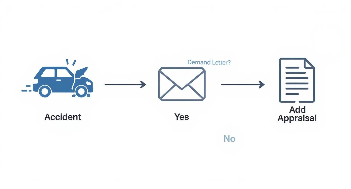 An infographic decision tree showing the path for a diminished value claim, starting with an accident and leading to sending a demand letter with an appraisal attached.