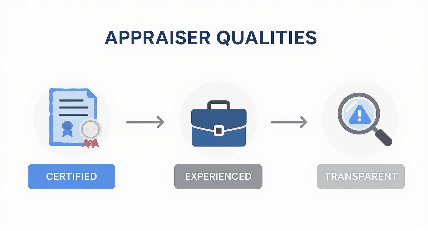 Three key appraiser qualities infographic showing certified credentials, professional experience, and transparent evaluation process