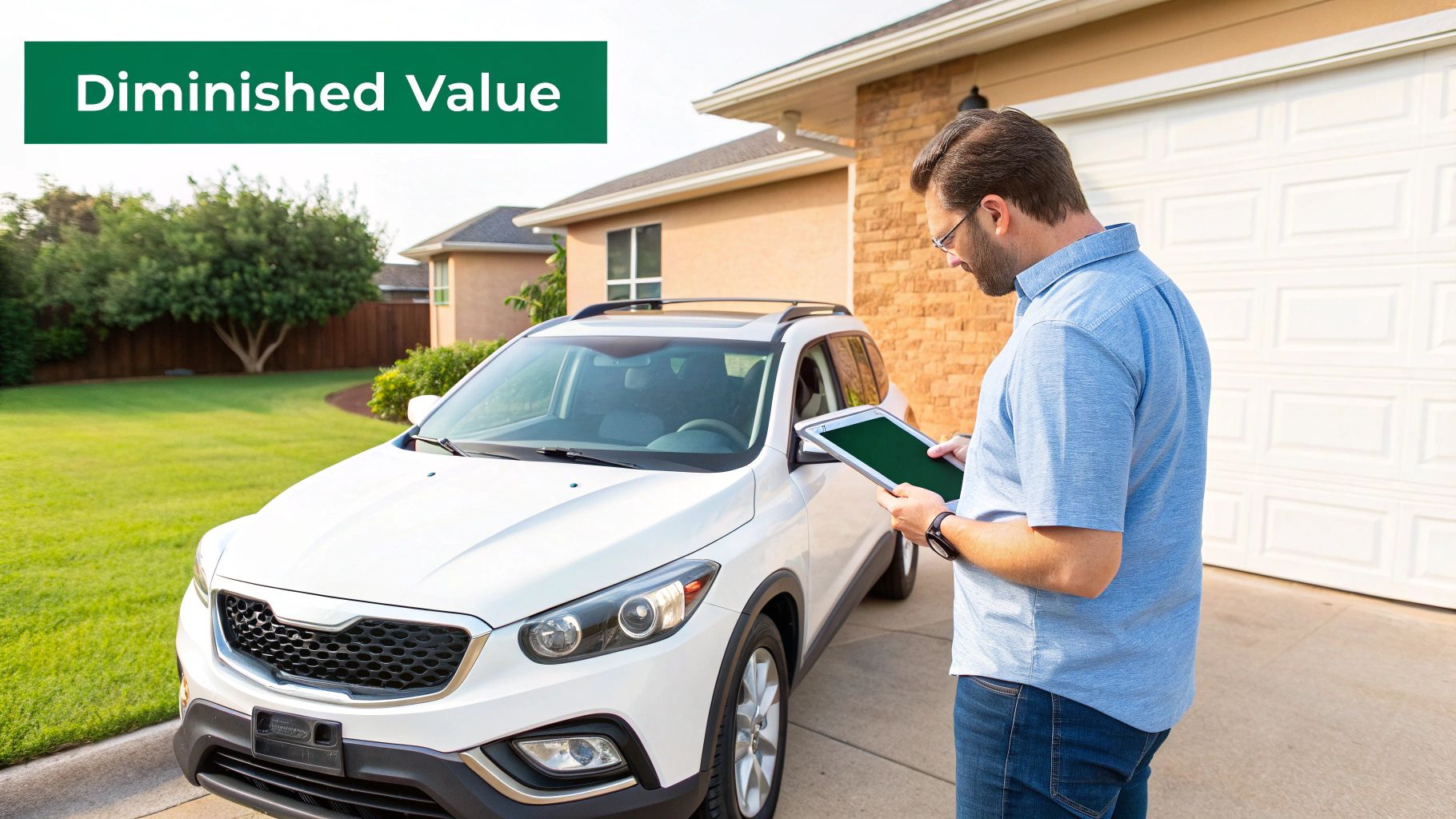 Man inspecting a white SUV with a tablet, related to diminished value claims.